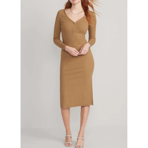 Old Navy Dresses & Skirts - Old Navy Rib-Knit Henley‎ Midi Long Sleeve Dress Size Medium Acacia Fall Winter